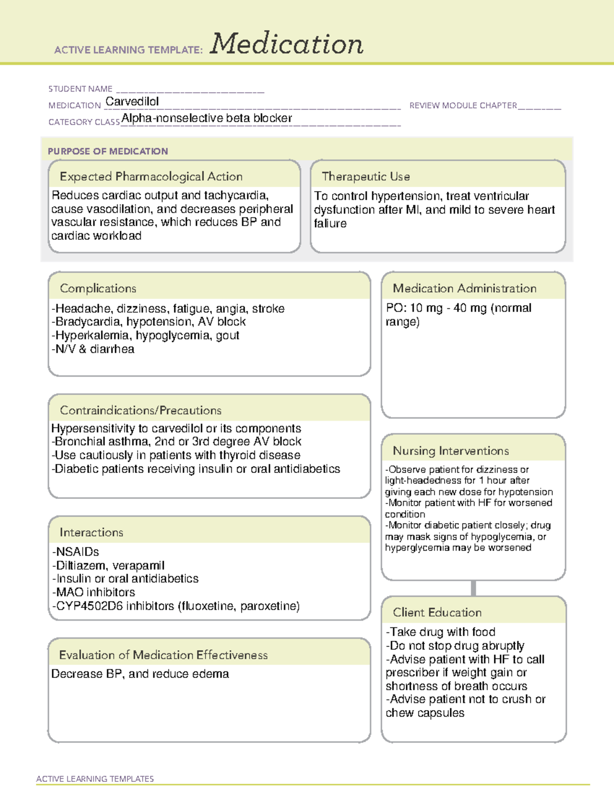 Carvedilol ATI New - ATI Medication Template - ACTIVE LEARNING ...