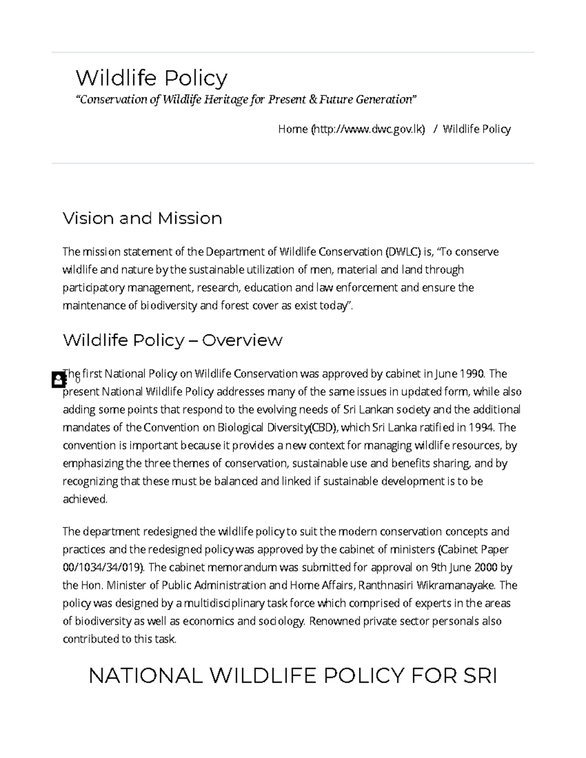 Wildlife policy - Wild life - Wildlife Policy “Conservation of Wildlife