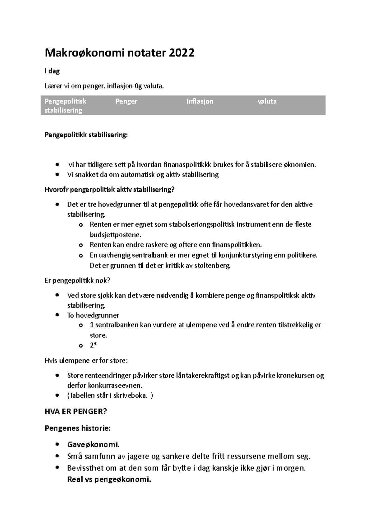 Makroøkonomi notater 2022 - Pengepolitisk stabilisering Penger ...