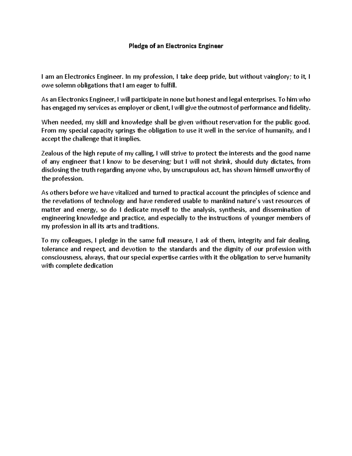 Pledge of an Electronics Engineer - In my profession, I take deep pride ...