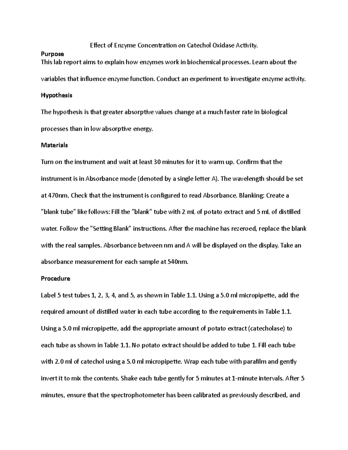 Effect of Enzyme Concentration on Catechol Oxidase Activity This lab