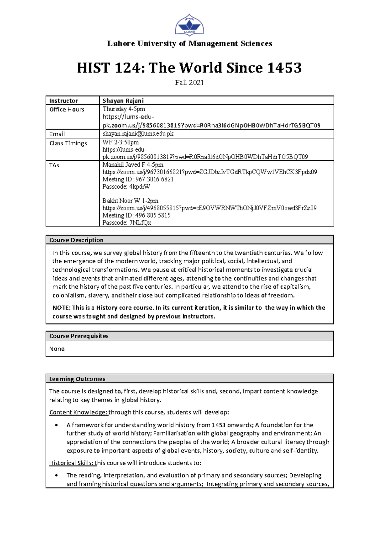 HIST124 Syllabus Fall 2021 - HIST 124: The World Since 1453 Fall 2021 ...