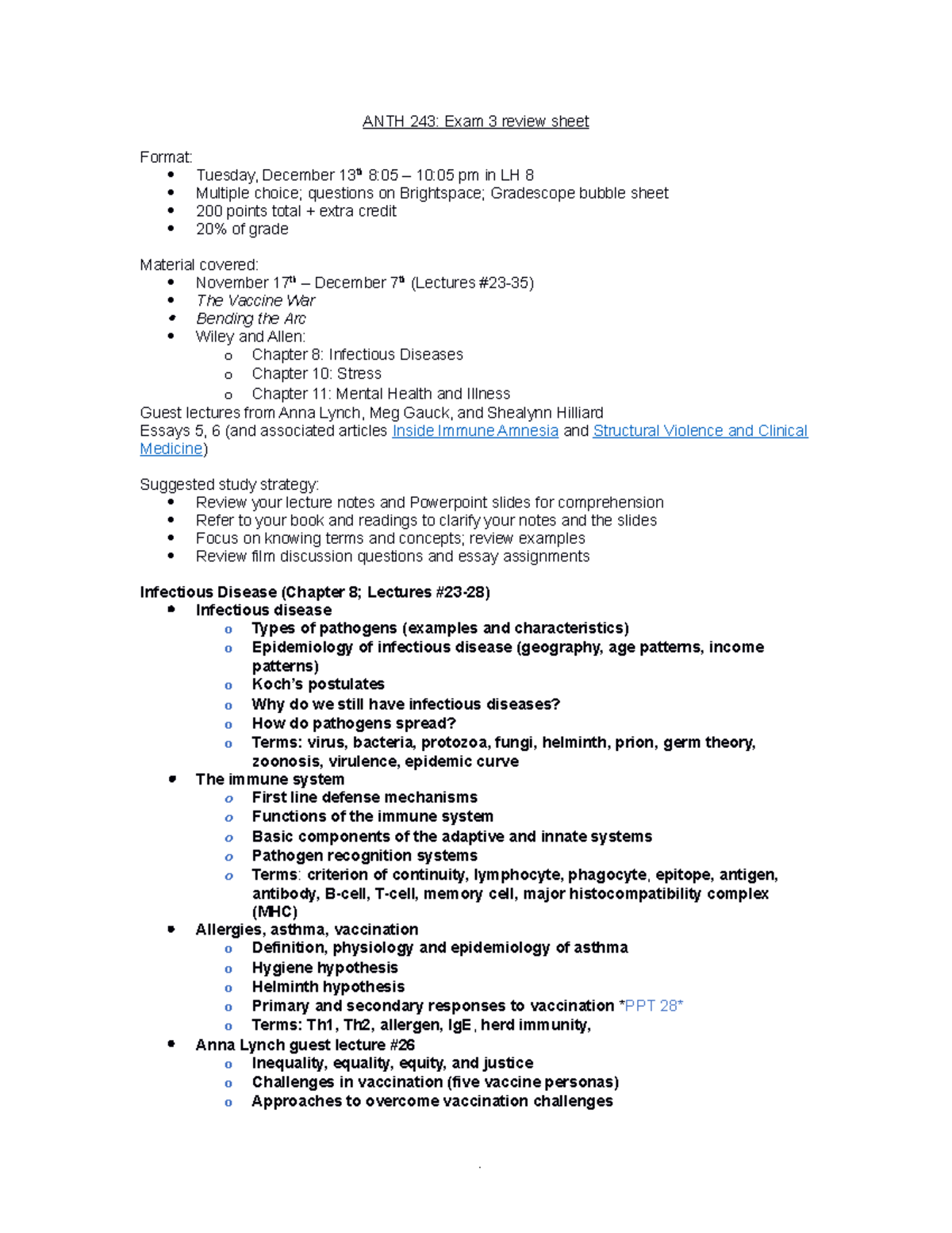 243 Exam 3 review copy 2022 - ANTH 243: Exam 3 review sheet Format ...