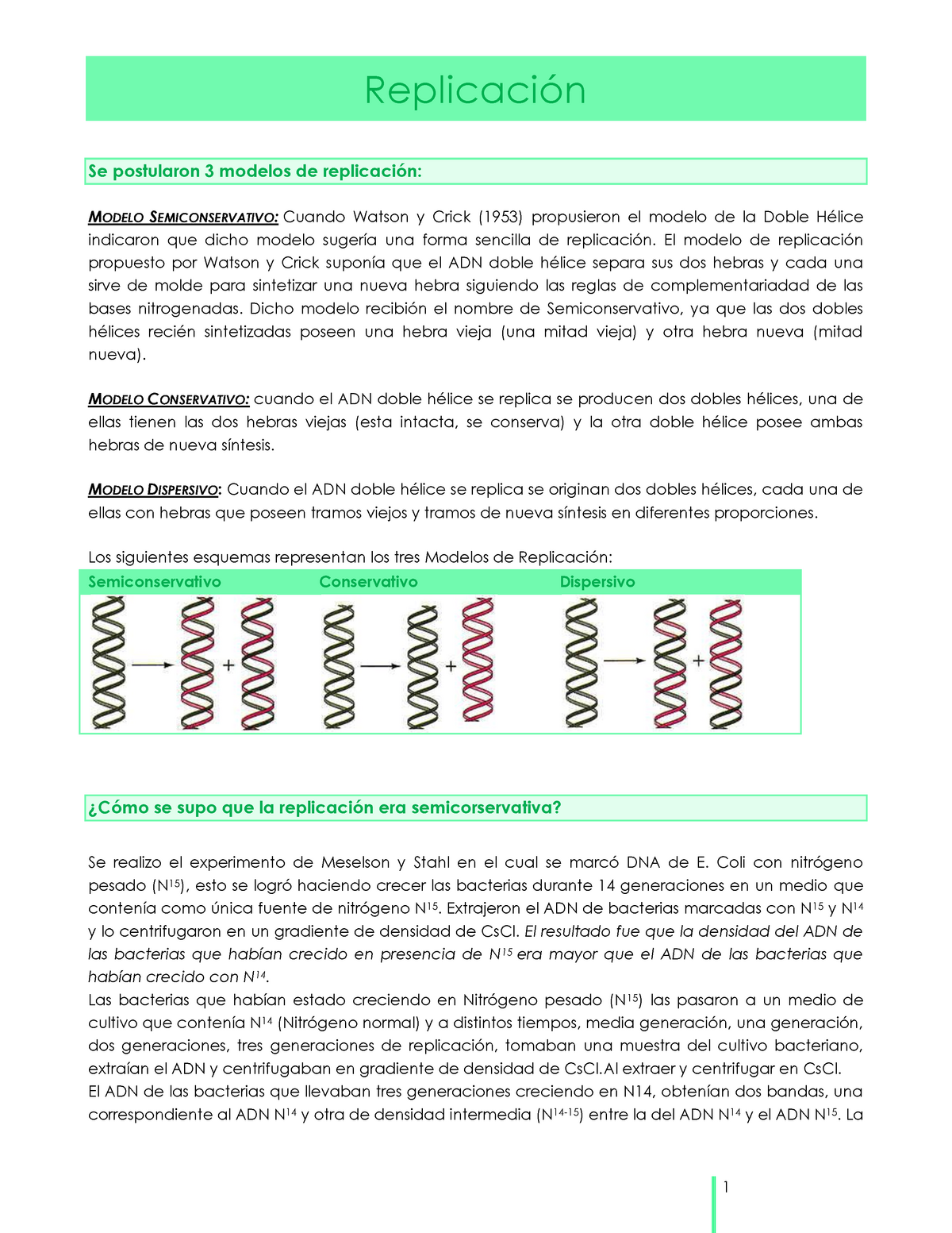 3. Replicacion - Replicación Se postularon 3 modelos de replicación: MODELO  SEMICONSERVATIVO: Cuando - Studocu