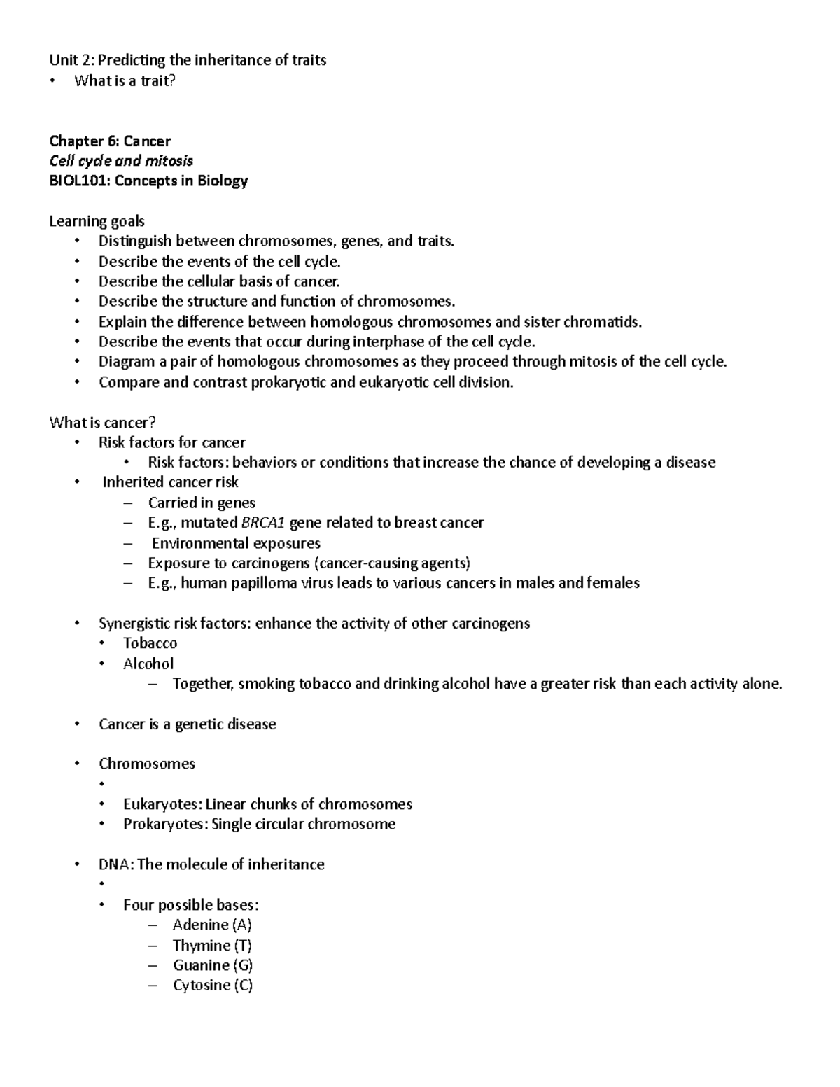 BIOL101 Chapter 6 Notes - Unit 2: Predicting the inheritance of traits ...