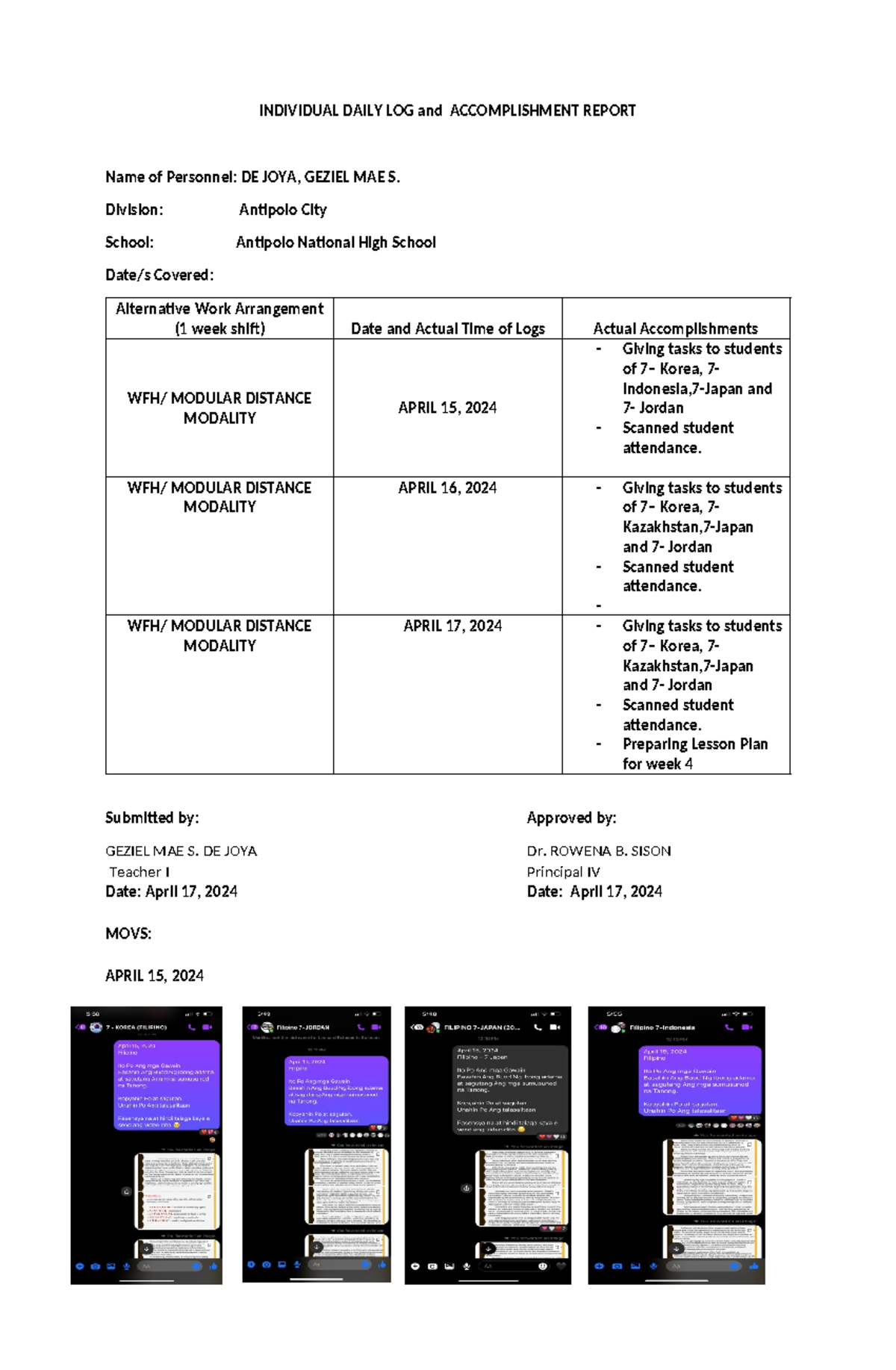 DE JOYA Idlar - INDIVIDUAL DAILY LOG and ACCOMPLISHMENT REPORT Name of ...