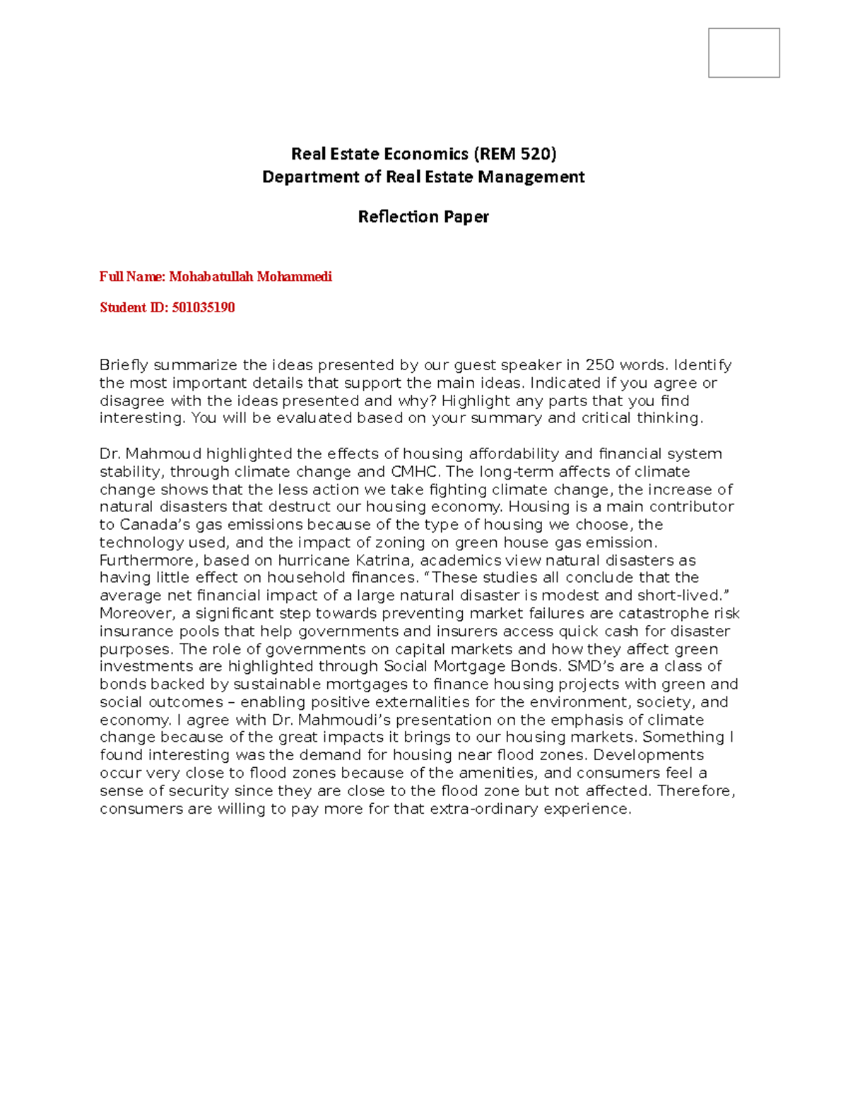 REM520Reflection paper Real Estate Economics (REM 520) Department of