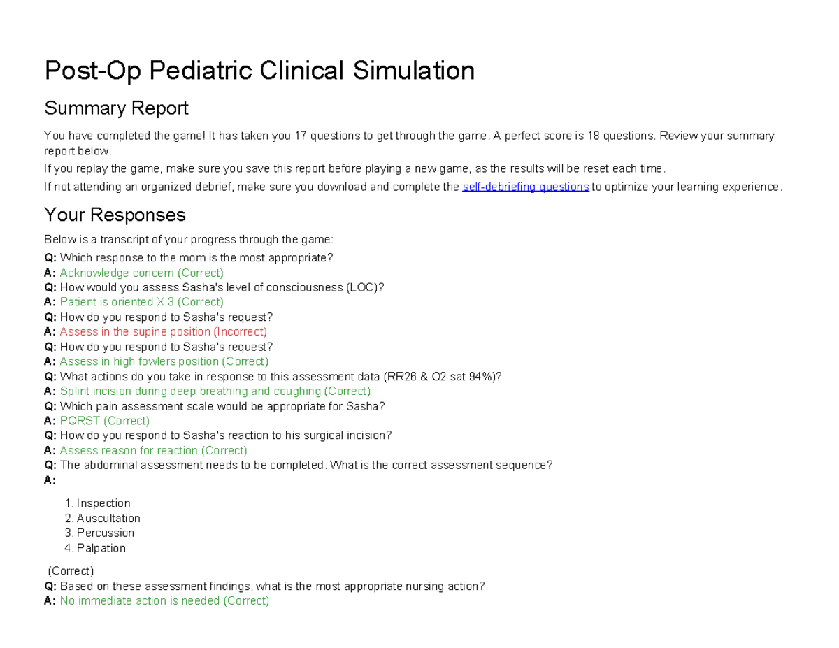 Pos-op game report - maternal child - Post-Op Pediatric Clinical ...
