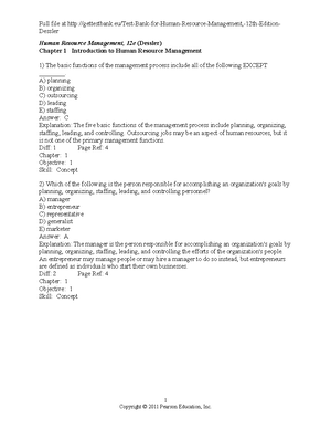 Test Bank for Human Resource Management, 12th Edition Dessler - Dessler  Human Resource Management, - Studocu