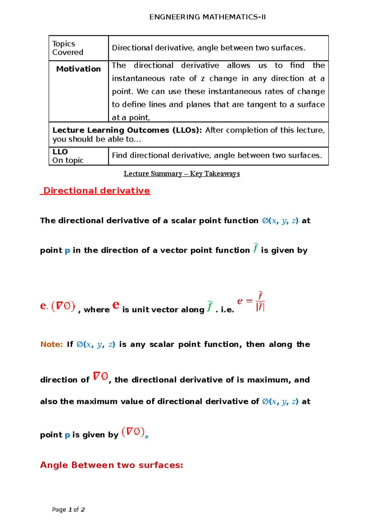 Directional Derivative Angle Between Two Surfaces Motivation The