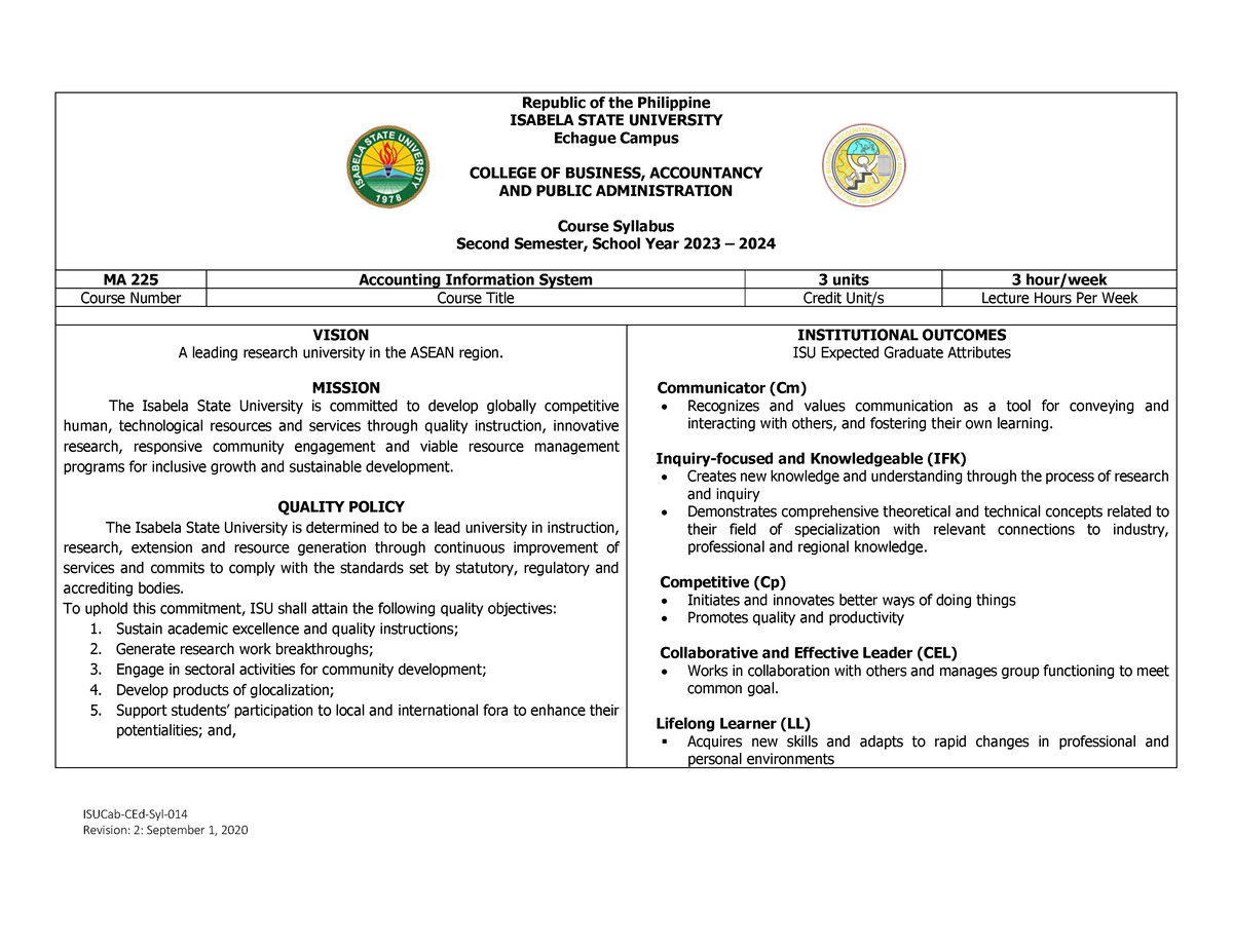 ISU-OBE-Syllabus AIS - Ais syllabi - ISUCab-CEd-Syl- Republic of the ...