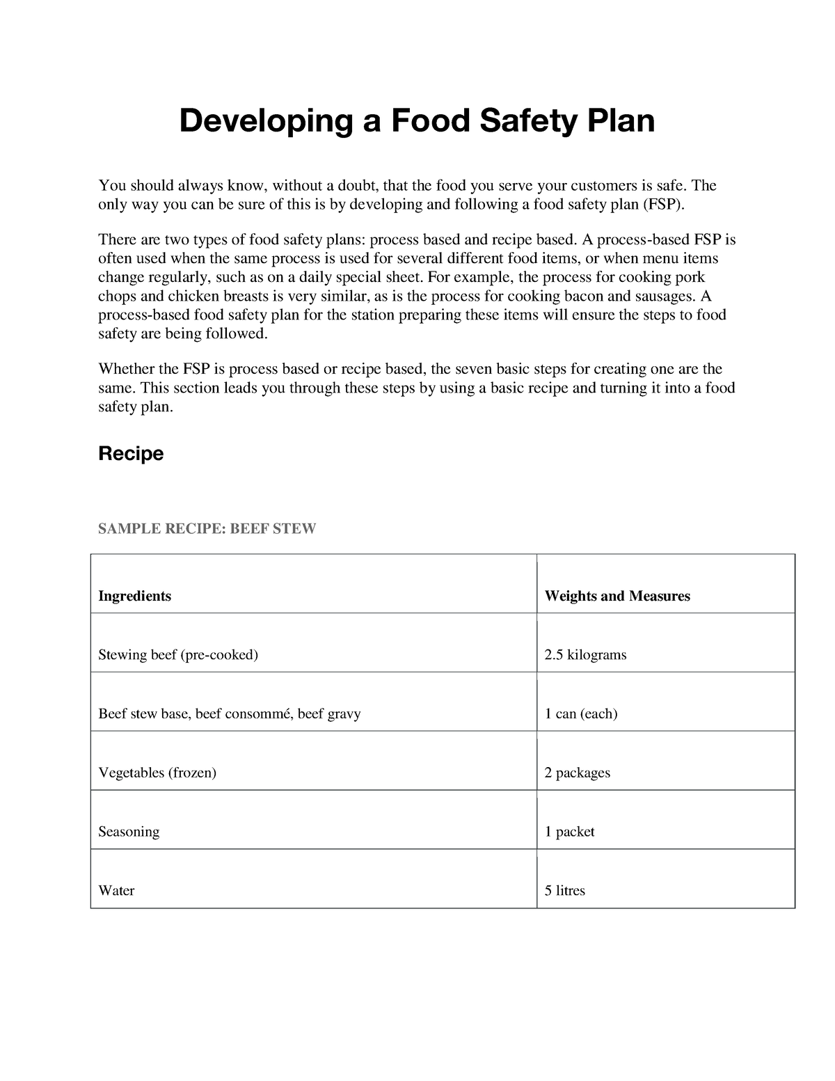 Developing a Food Safety Plan - The only way you can be sure of this is ...