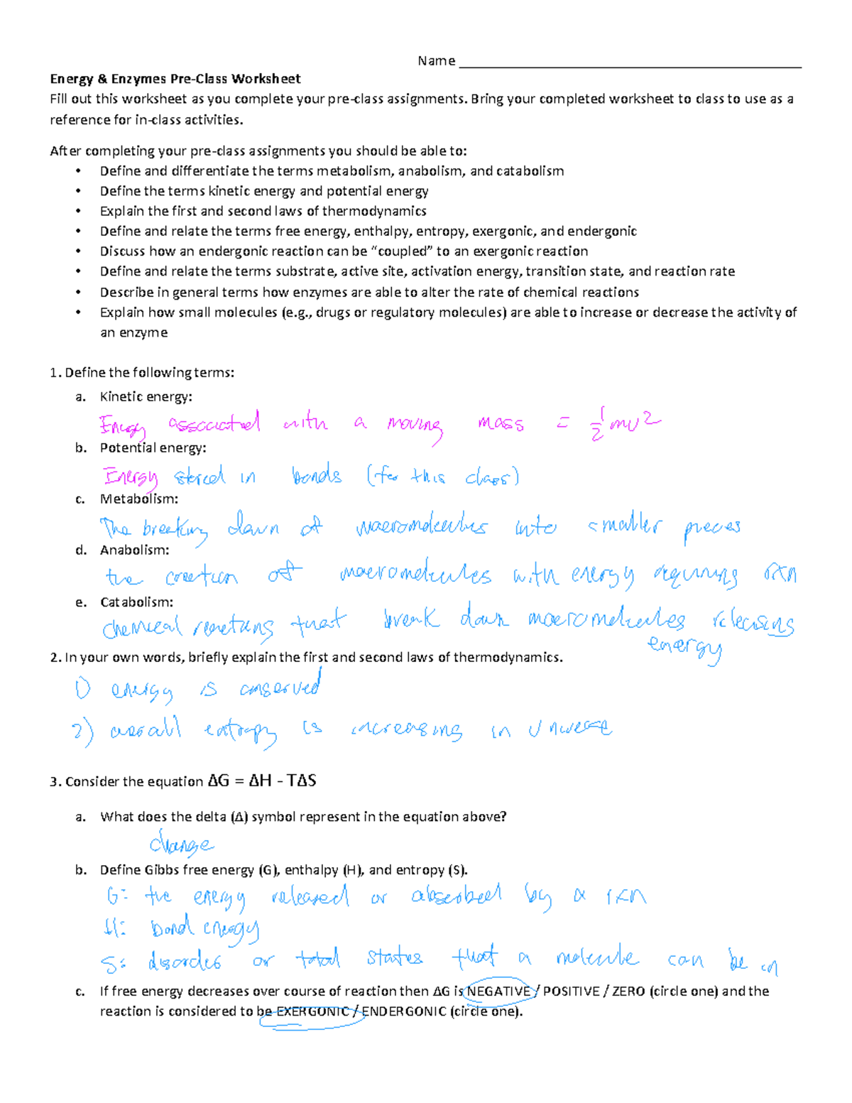 Week 3a Energy 26 Enzymes Pre Class Reading Guide - Name - Studocu