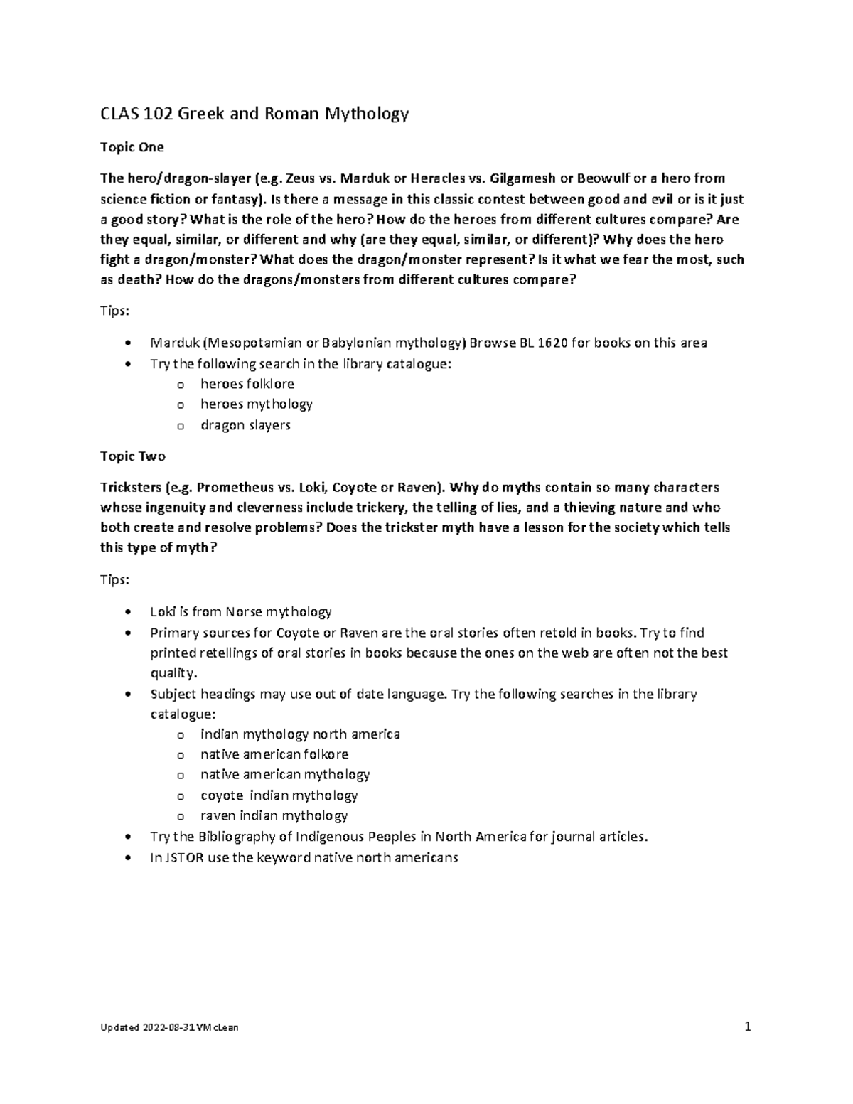 1-topic-tips - Updated 2022-08-31 VMcLean 1 CLAS 102 Greek and Roman ...