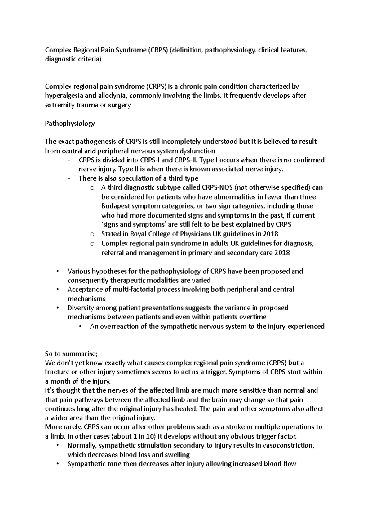 Complex Regional Pain Syndrome (CRPS) (definition, pathophysiology ...