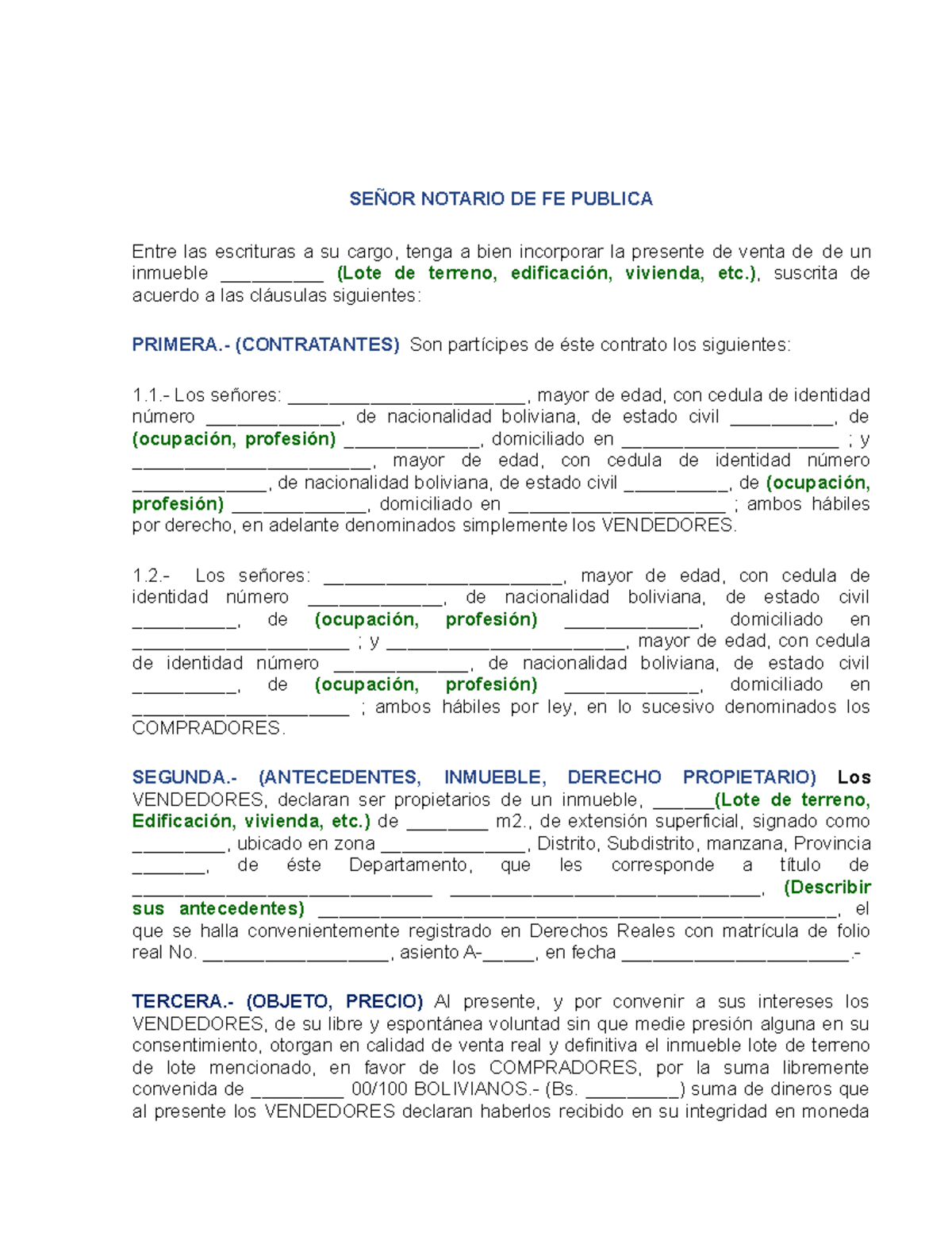 Contrato De Compra Venta SeÑor Notario De Fe Publica Entre Las