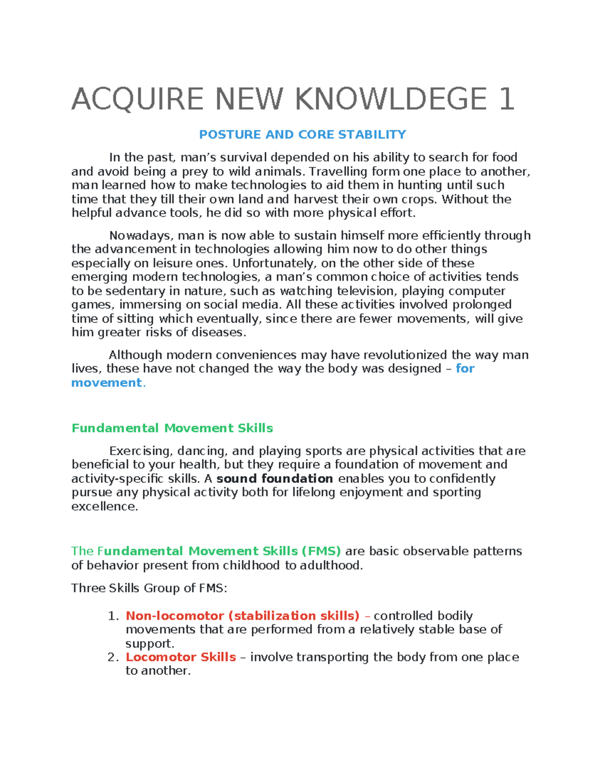 Module 1 - Pathfit - ACQUIRE NEW KNOWLDEGE 1 POSTURE AND CORE STABILITY ...