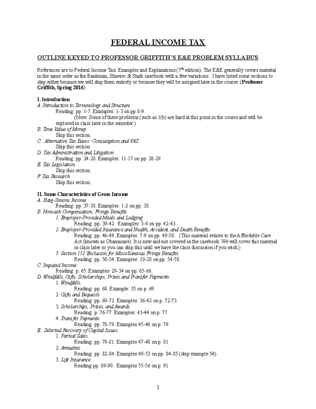 Federal Taxation EE Summary - FEDERAL INCOME TAX OUTLINE KEYED TO ...