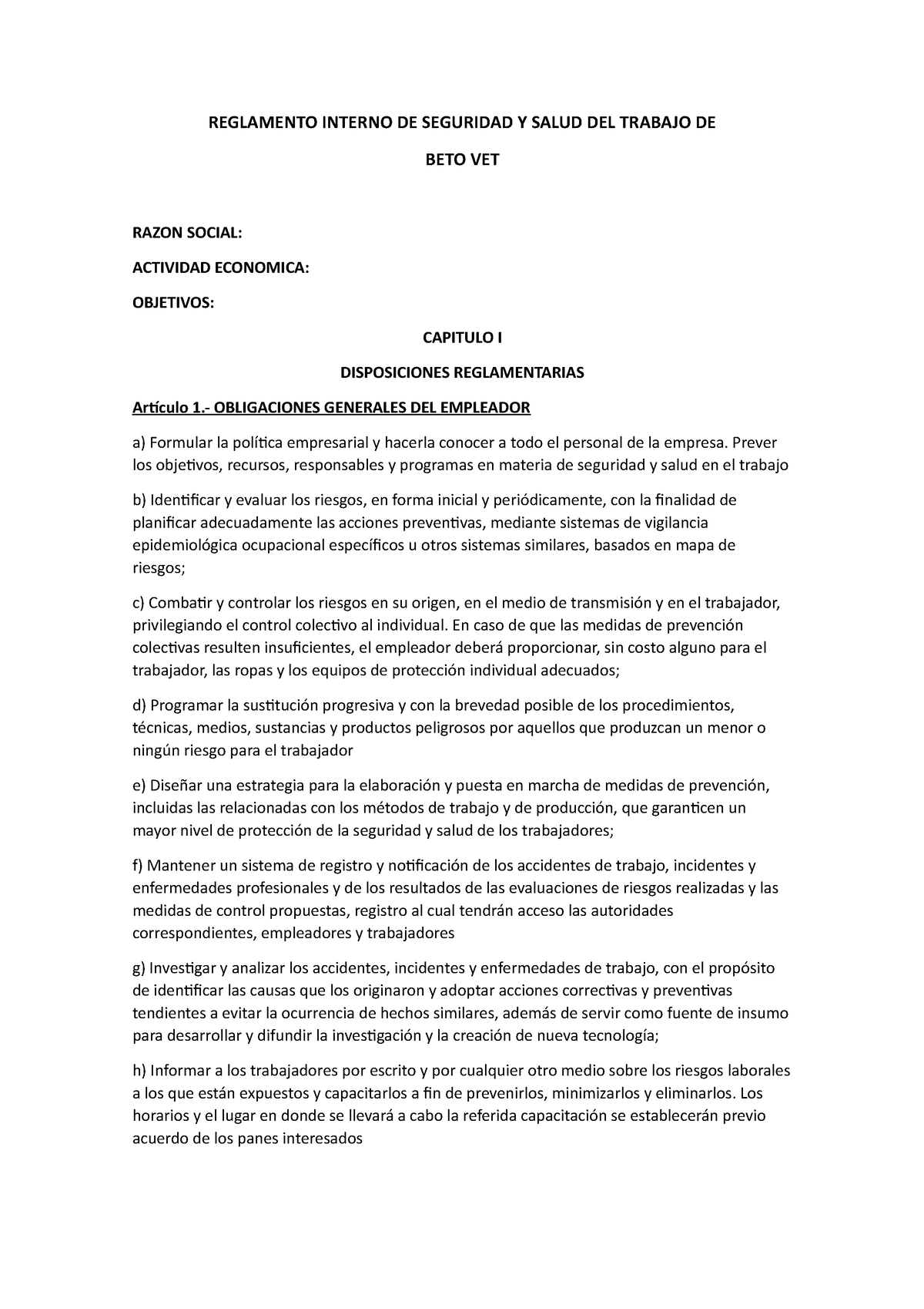 Reglamento Interno DE Seguridad Y Salud DEL Trabajo DE BETO VET ...