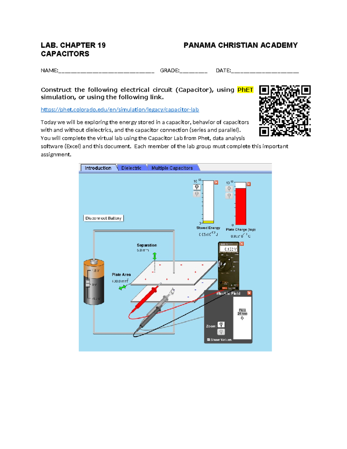 Capacitor 2 worksheet B - LAB. CHAPTER 19 PANAMA CHRISTIAN ACADEMY ...
