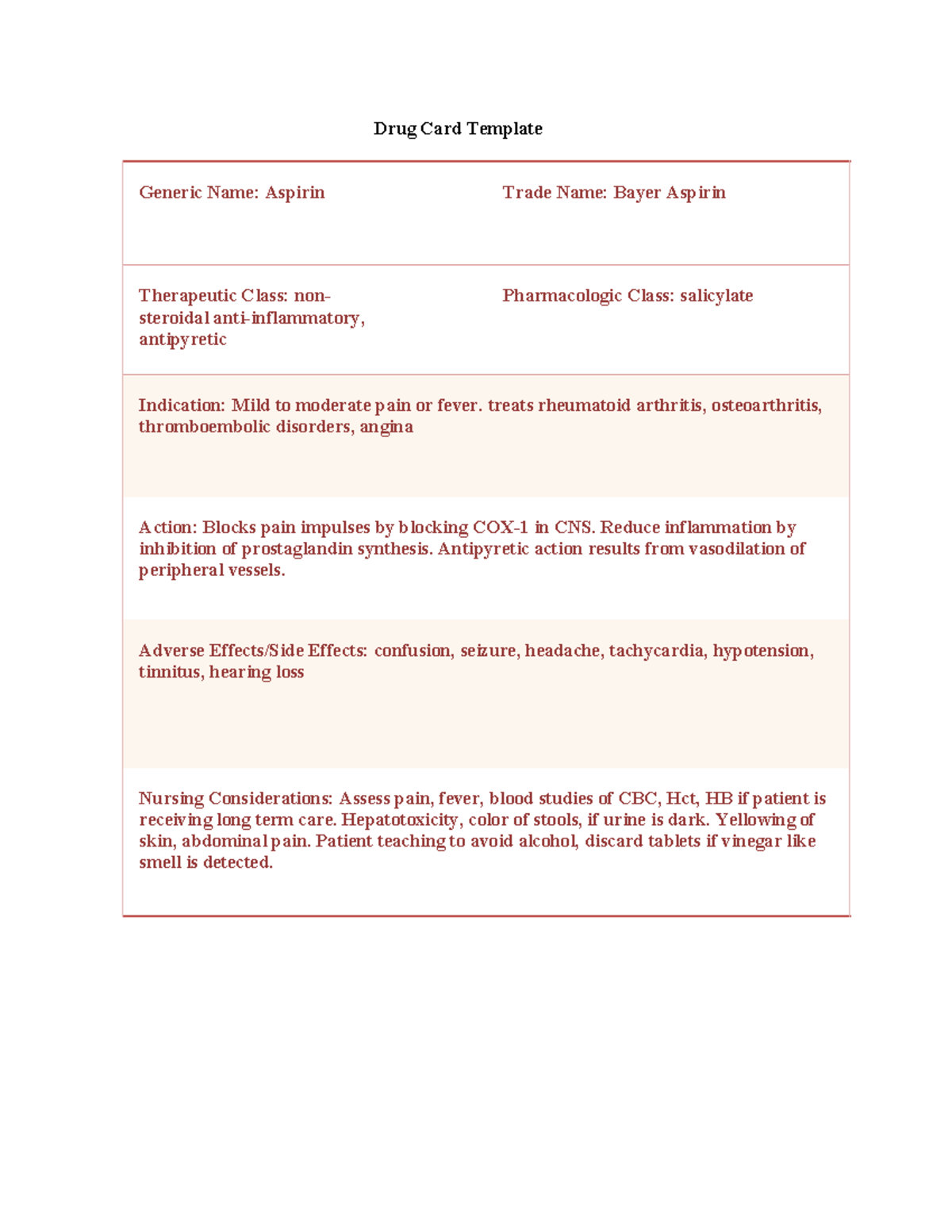 DC2 card Drug Card Template Generic Name Aspirin Trade Name Bayer Aspirin Therapeutic