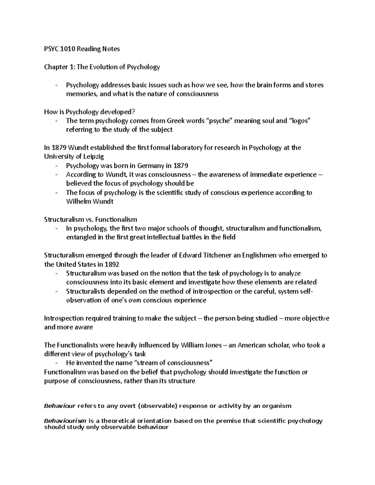 PSYC 1010 Reading Notes - PSYC 1010 Reading Notes Chapter 1: The ...