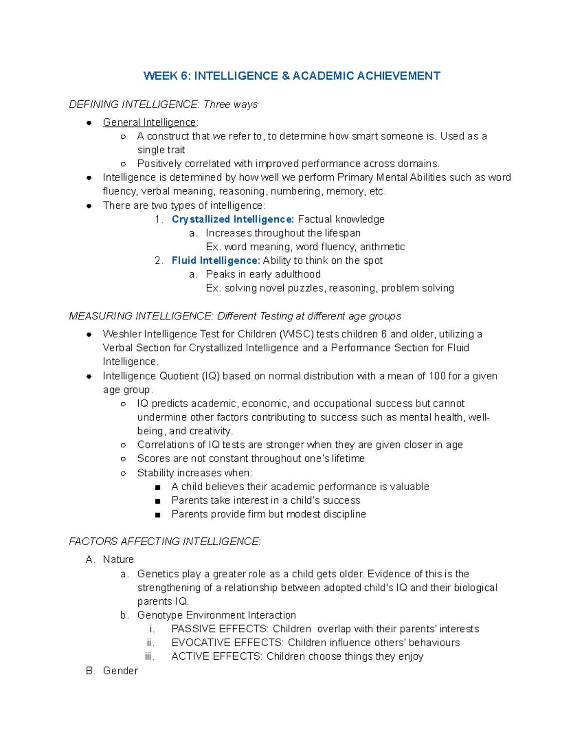 PSYC 315 NOTES WK 6-8 - WEEK 6: INTELLIGENCE & ACADEMIC ACHIEVEMENT ...