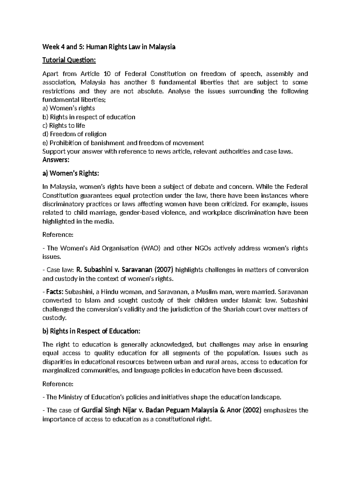 HR Tutorial W4 & W5 - Week 4 and 5: Human Rights Law in Malaysia ...