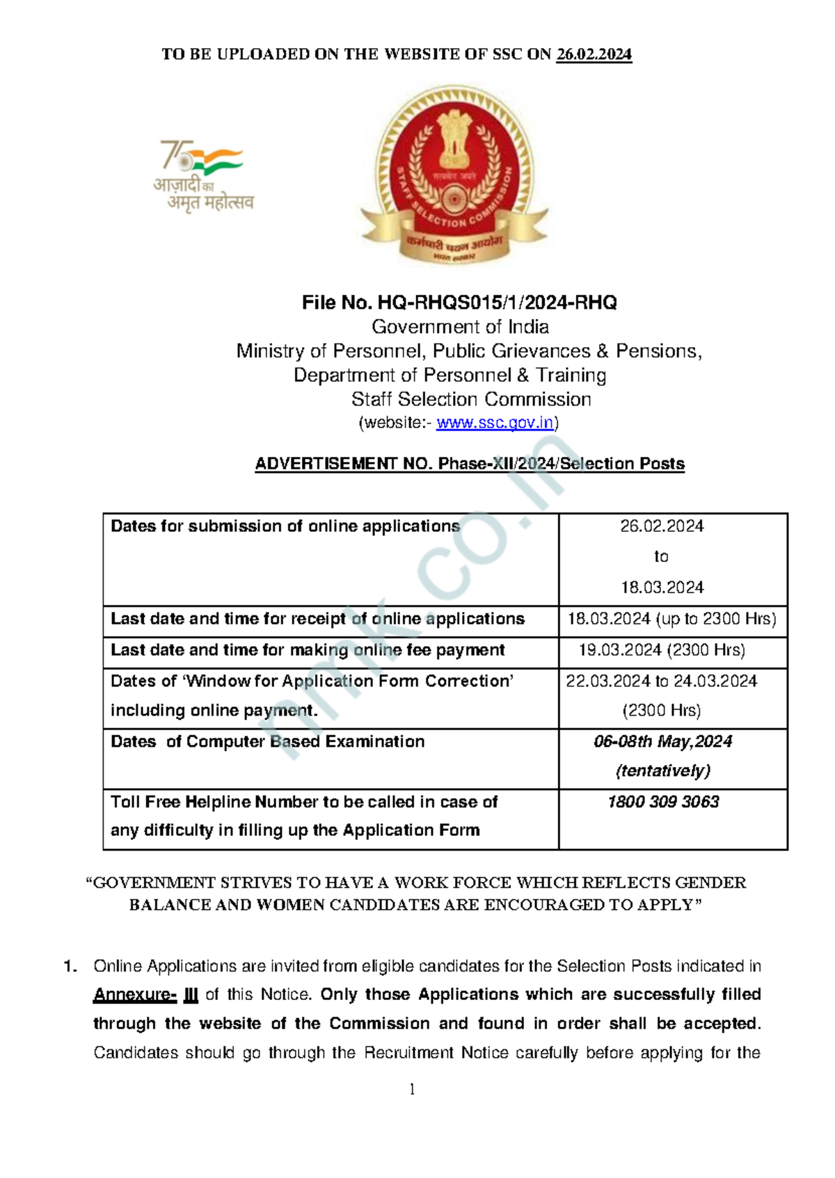 SSC Recruitment 2024pdf - TO BE UPLOADED ON THE WEBSITE OF SSC ON 26 ...