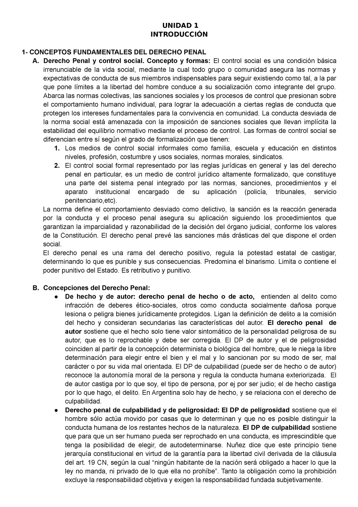 Resumen Derecho Penal I - UNIDAD 1 INTRODUCCIÓN 1- CONCEPTOS ...