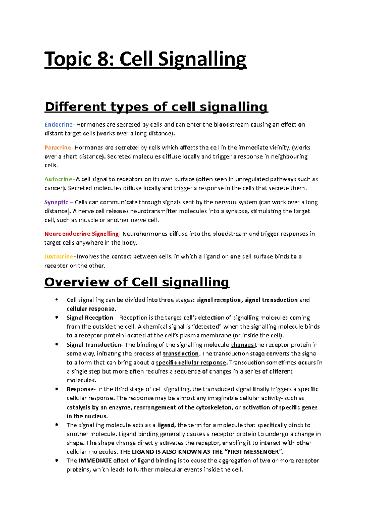 Cell Signalling Notes - Topic 8: Cell Signalling Diferent types of cell ...