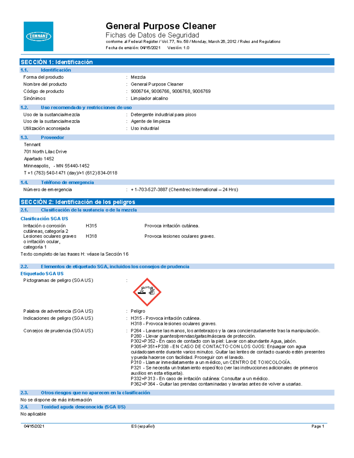 General purpose cleaner sds es ltam Fichas de Datos de Seguridad