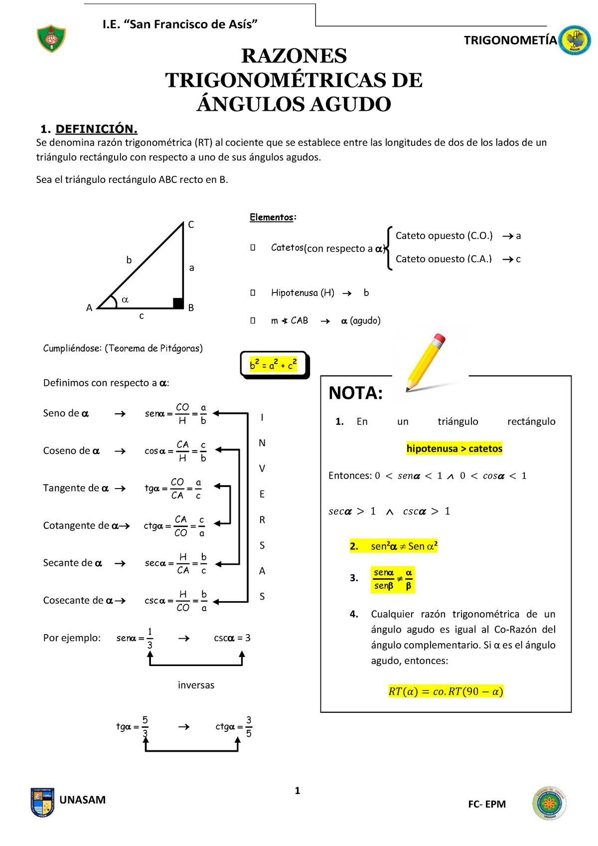 razones trigonométricas de Ángulos agudo 1 trigonometÍa 1 definiciÓn