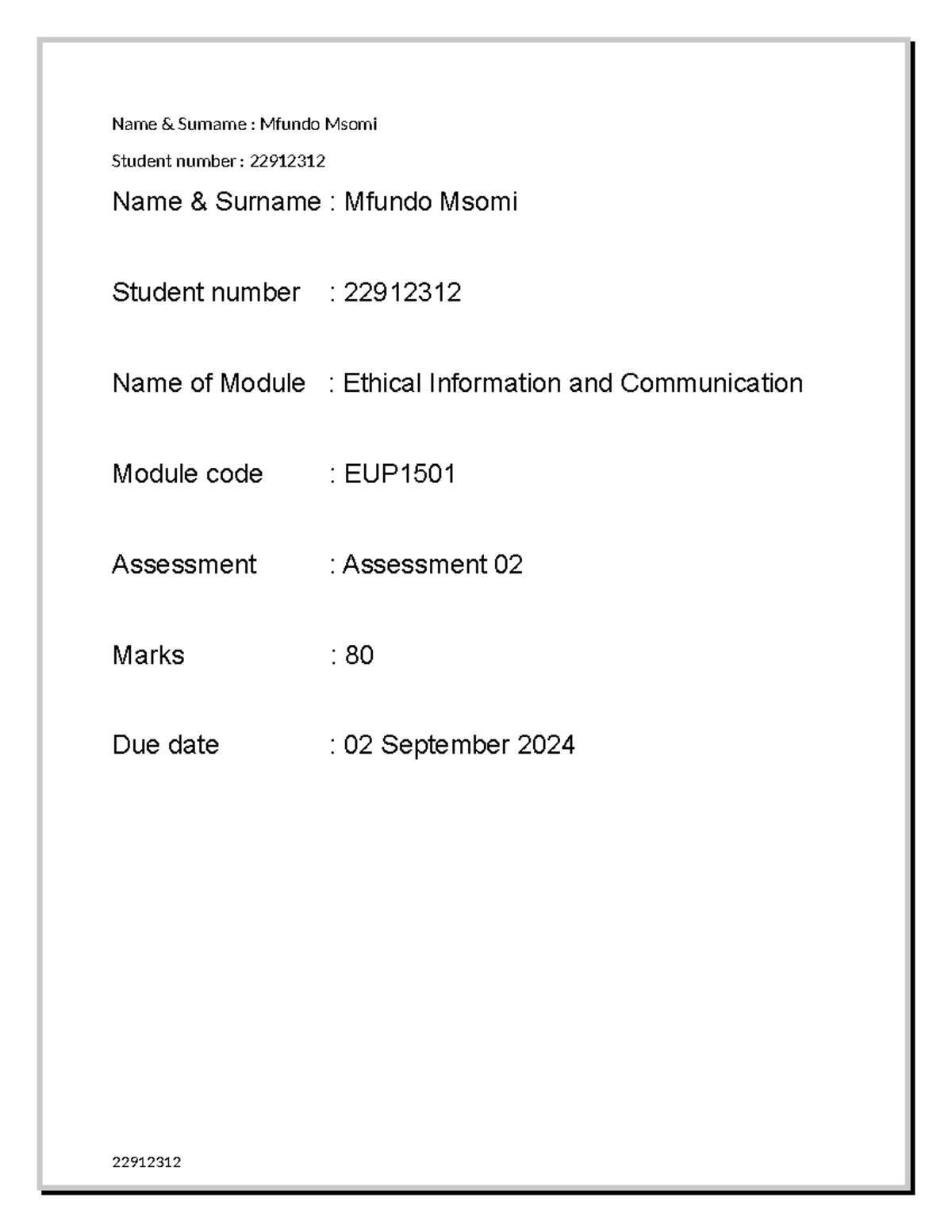 EUP1501 - MS Word Assessment 2 - 22912312 - Name & Surname : Mfundo ...