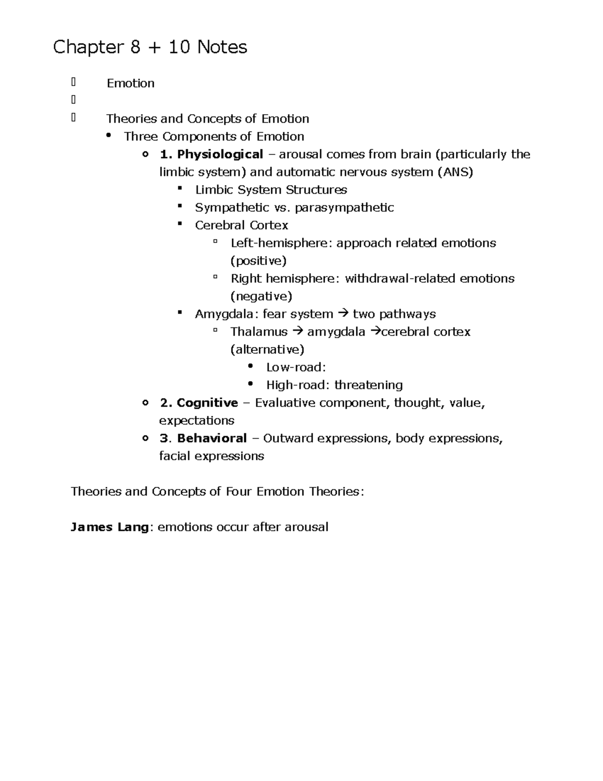 Chapter 8 and 10 Notes - Chapter 8 + 10 Notes Emotion Theories and ...