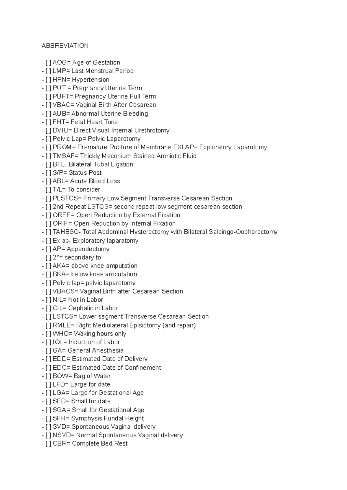 RLE Abbreviations - ABBREVIATION AOG= Age of Gestation LMP= Last ...