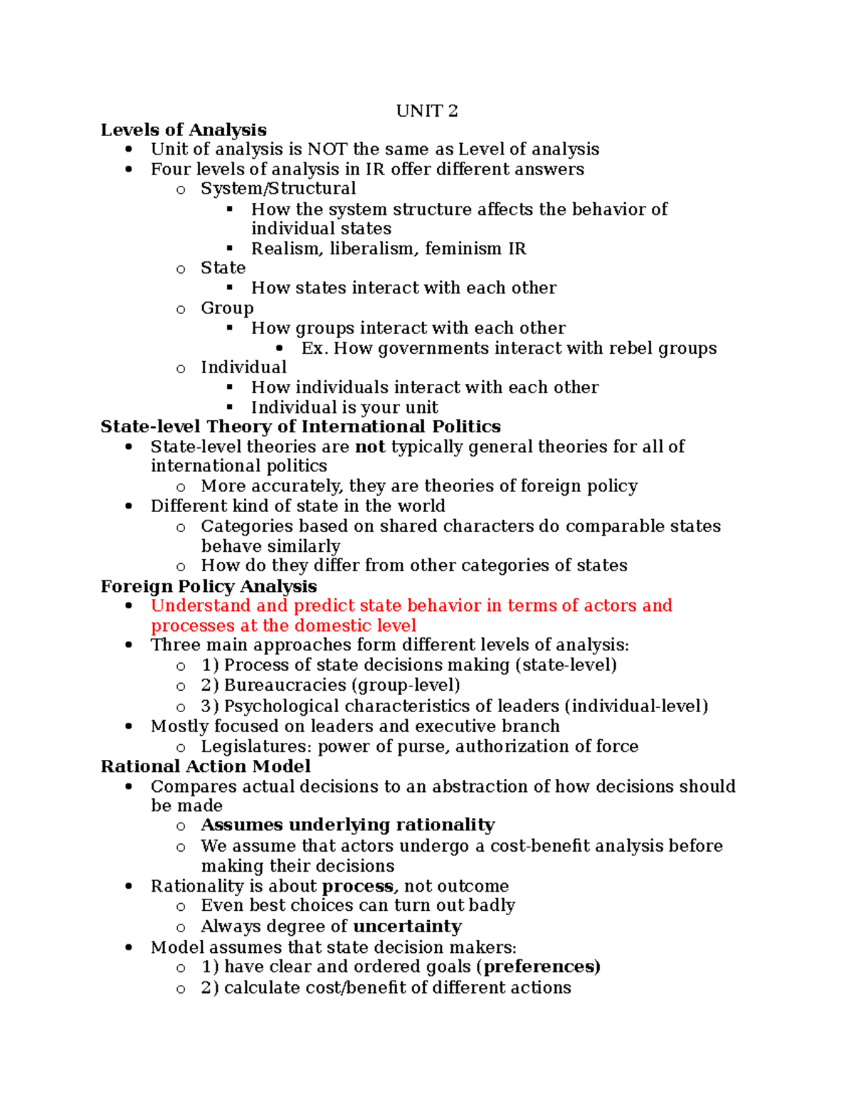 PSC 116G Notes Part 2 - UNIT 2 Levels of Analysis Unit of analysis is ...