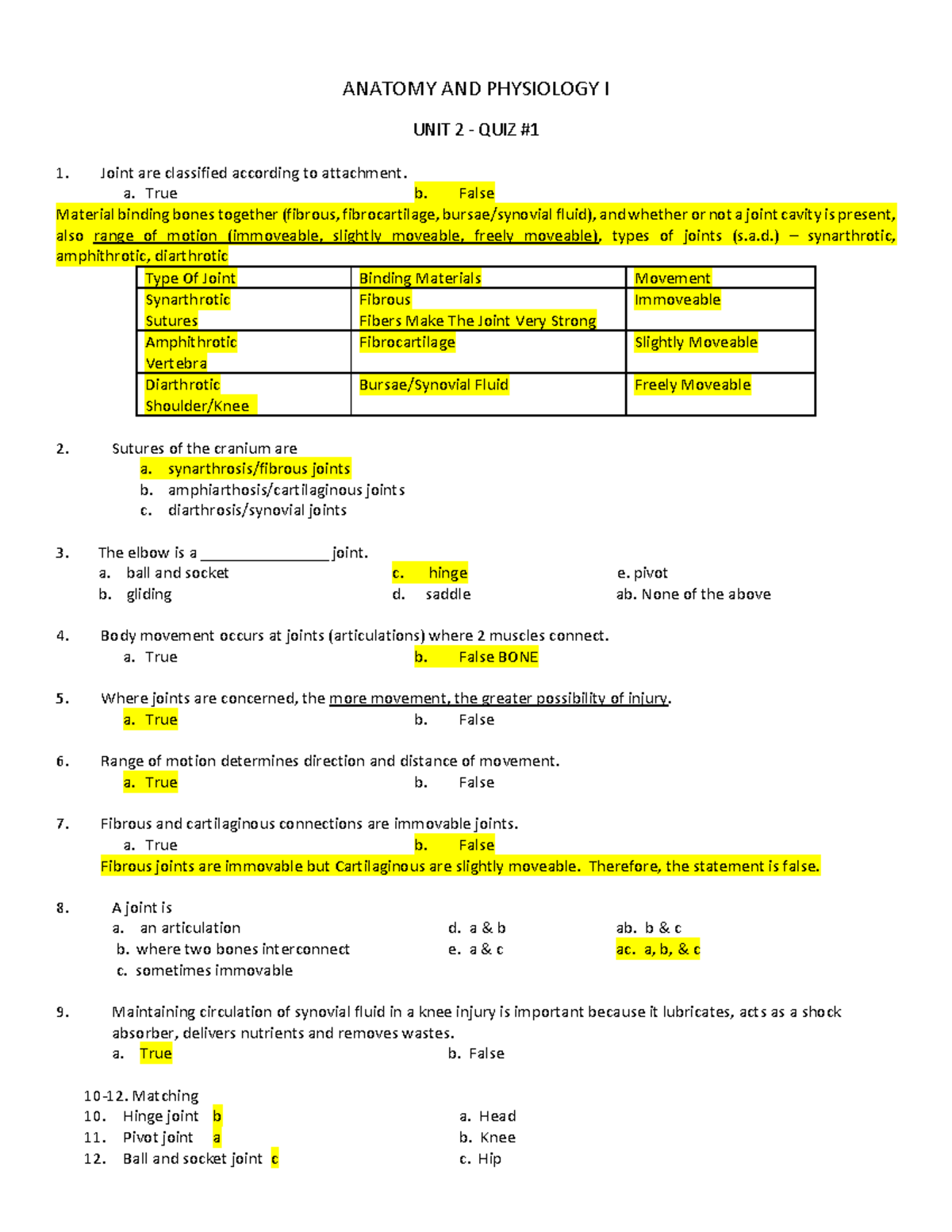Unit 2 Quiz Answers ANATOMY AND PHYSIOLOGY I UNIT 2 QUIZ Joint are