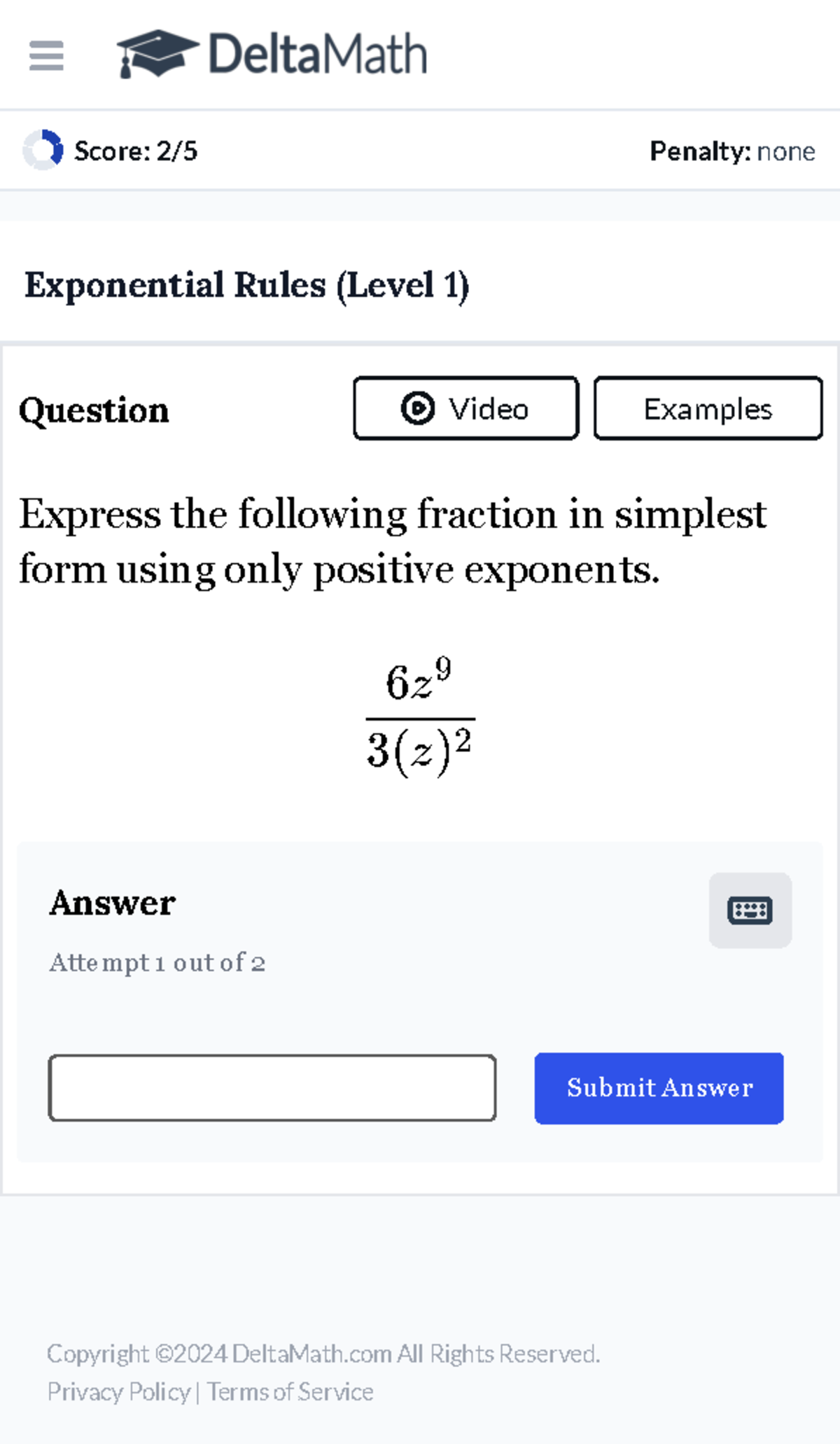 Delta Math Student Application 5 Score 2/5 Penalty none Exponential