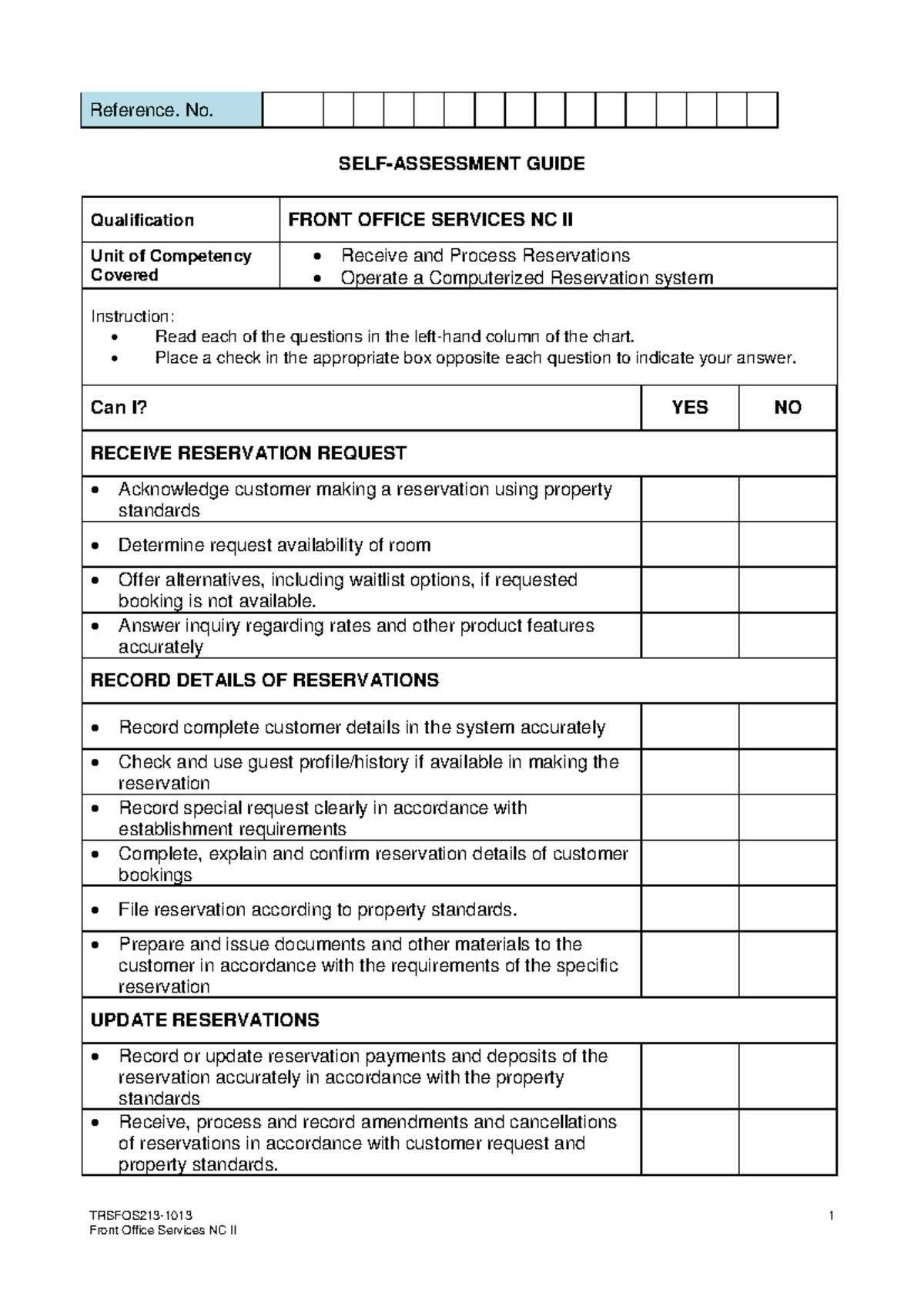 Front Office Services NC II TRSFOS213 1013 1 SELFASSESSMENT GUIDE