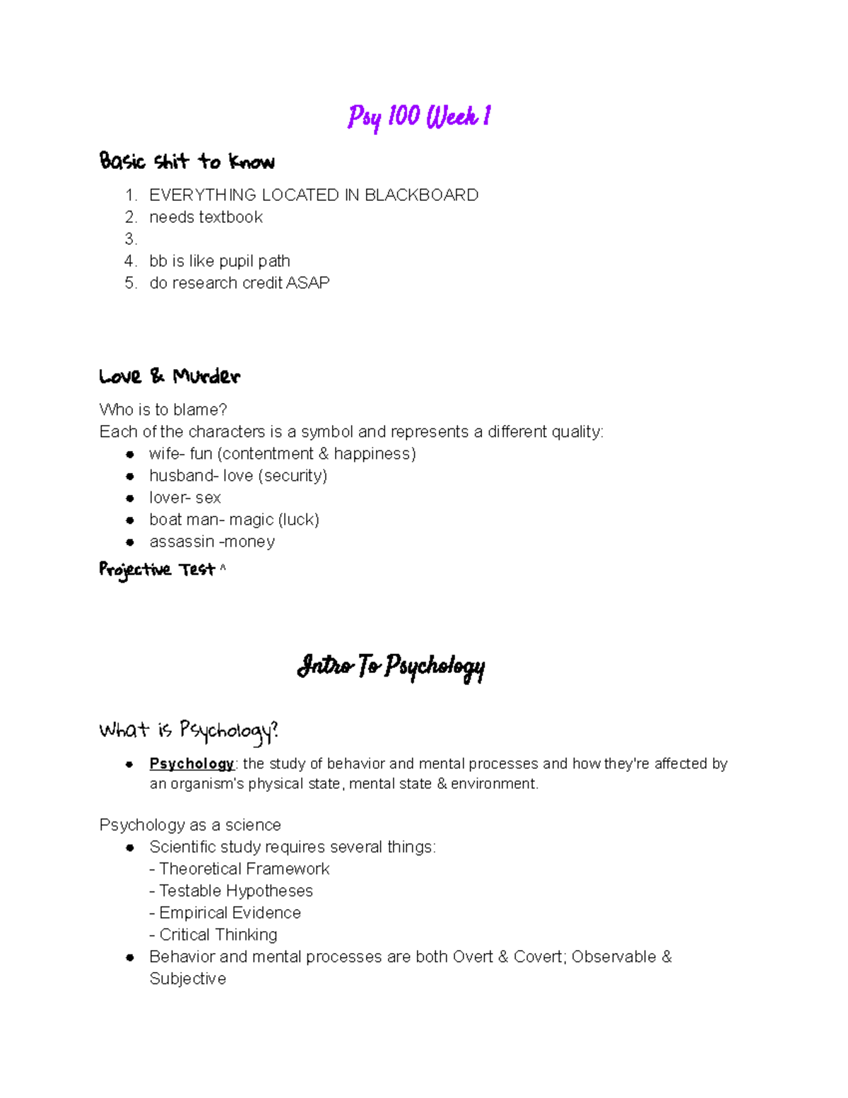 Psy 100 - Week 1 - Lecture notes 1 - Psy 100 Week 1 Basic shit to know ...