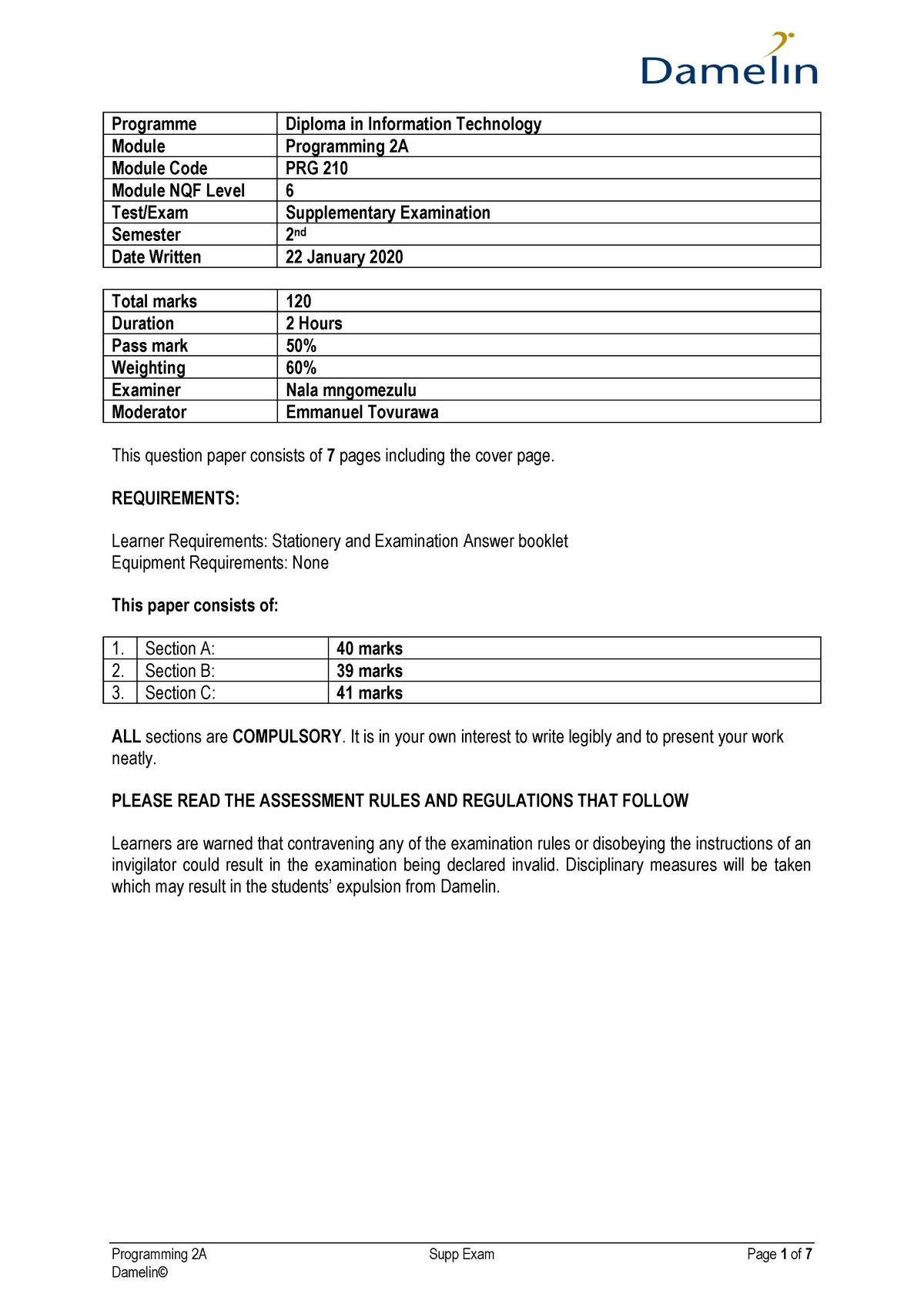 Diploma- Programming 2A Supp Exam - Programming 2A Supp Exam Page 1 of ...