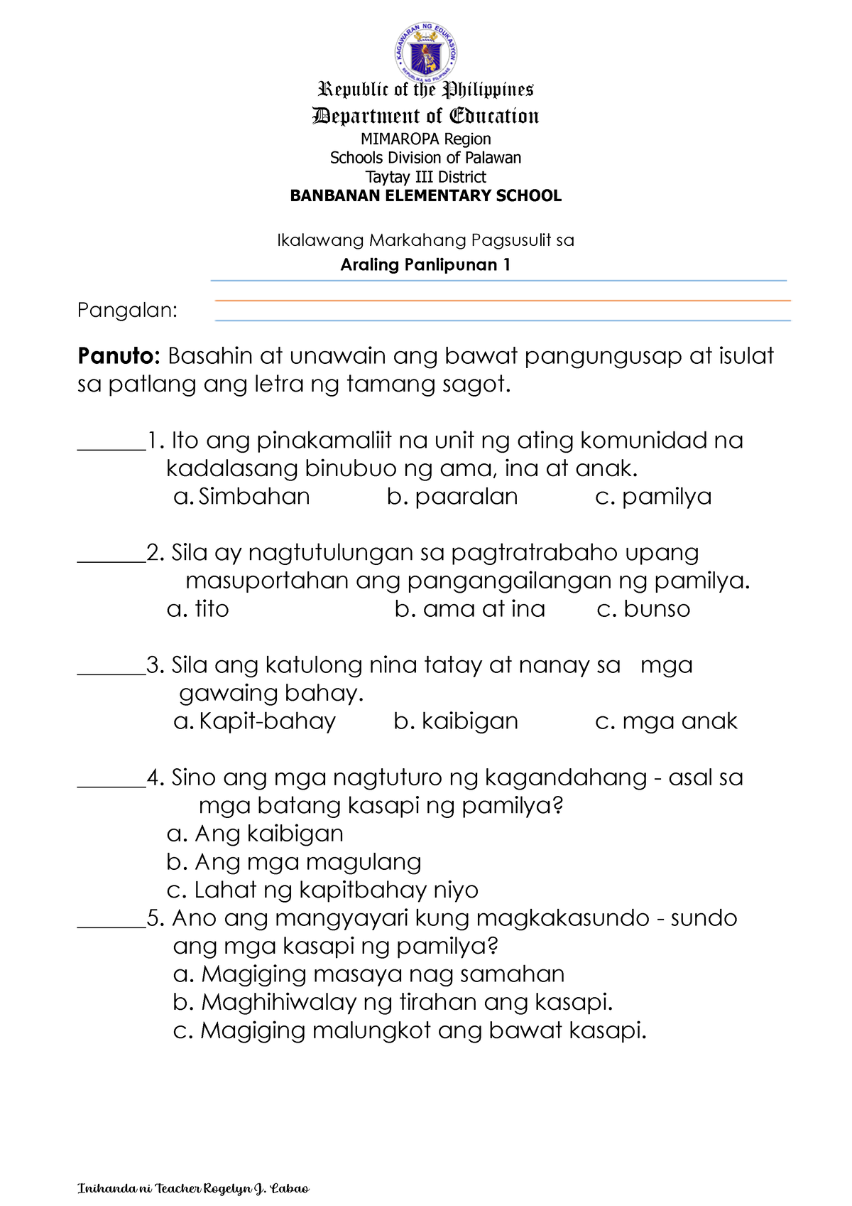 Grade 1 Quarter 2 Republic Of The Philippines Department Of Education Mimaropa Region Schools 5693