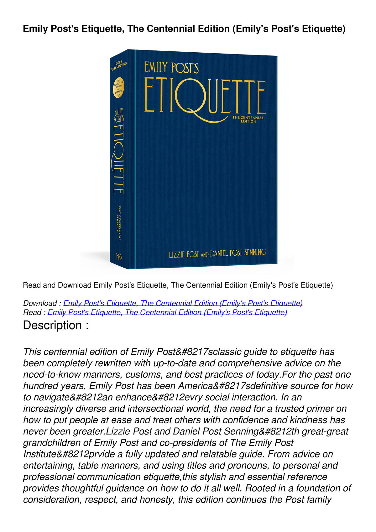 [READ DOWNLOAD] Emily Post's Etiquette, The Centennial Edition (Emily's ...