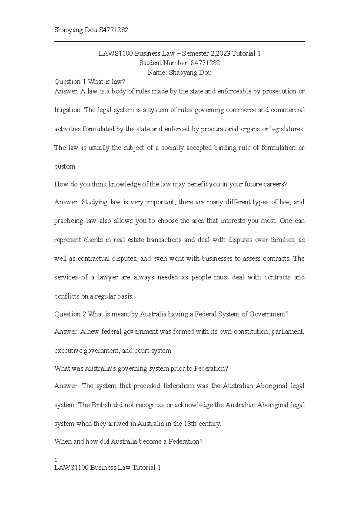 Dou Shaoyang Tutorial 1 assignment - Shaoyang Dou S LAWS1100 Business ...