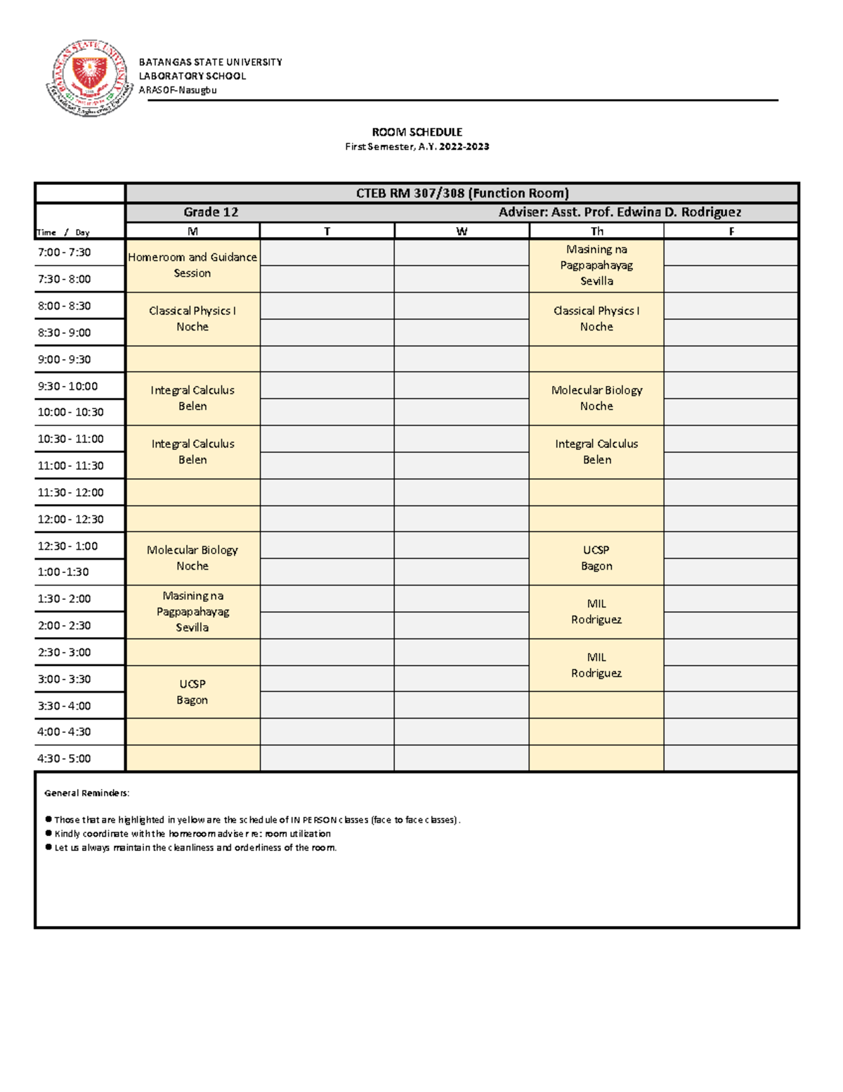 Room Schedule 1st Sem 22 23 Grade 12 - Time / Day M T W Th F 7:00 ‐ 7: ...