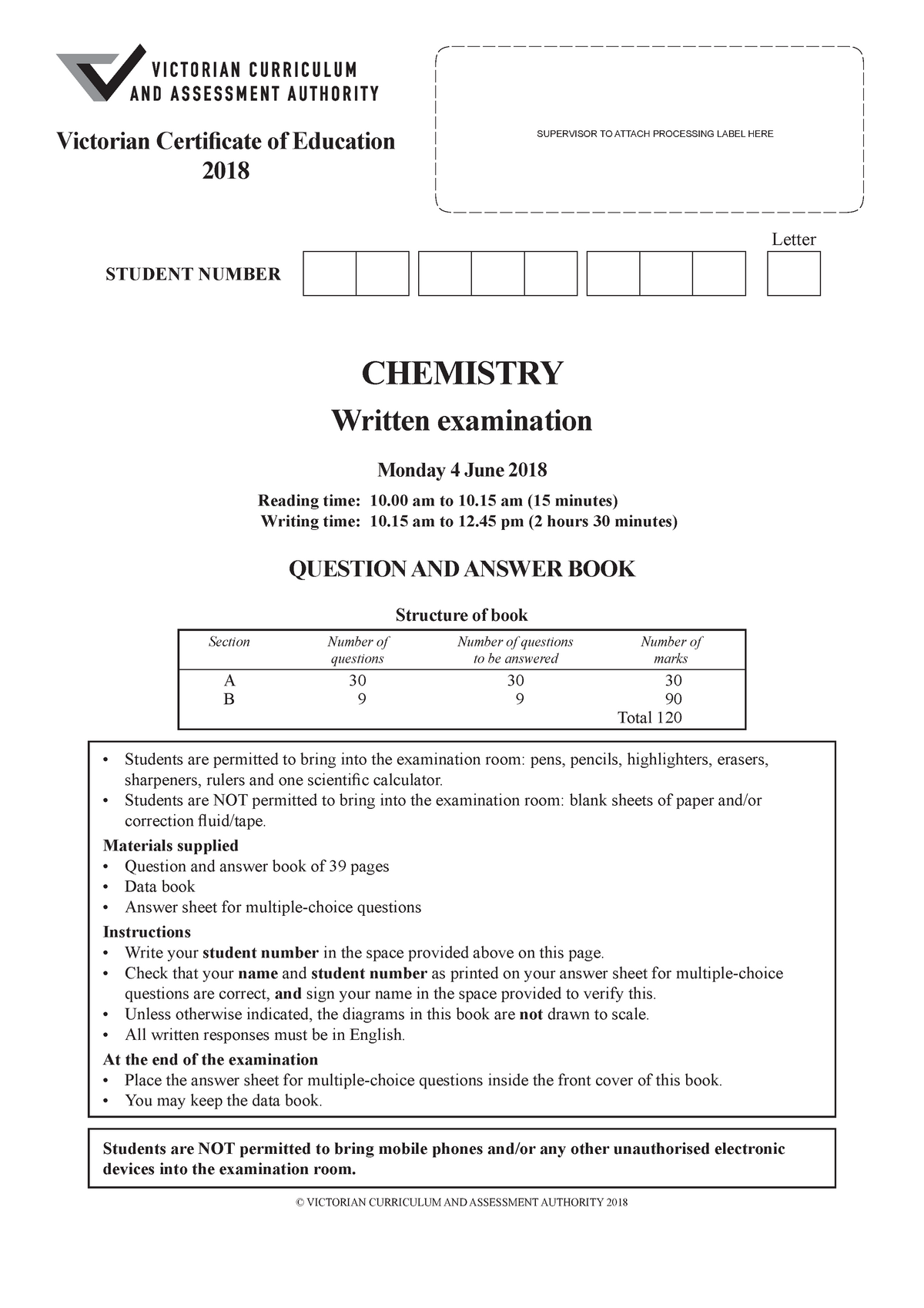 VCE Chem Exam 2018 - CHEMISTRY Written examination Monday 4 June 2018 ...