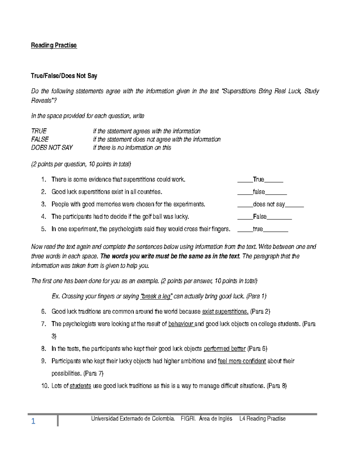 L4 Luck Tfdns note completion reading practise - Reading Practise True ...