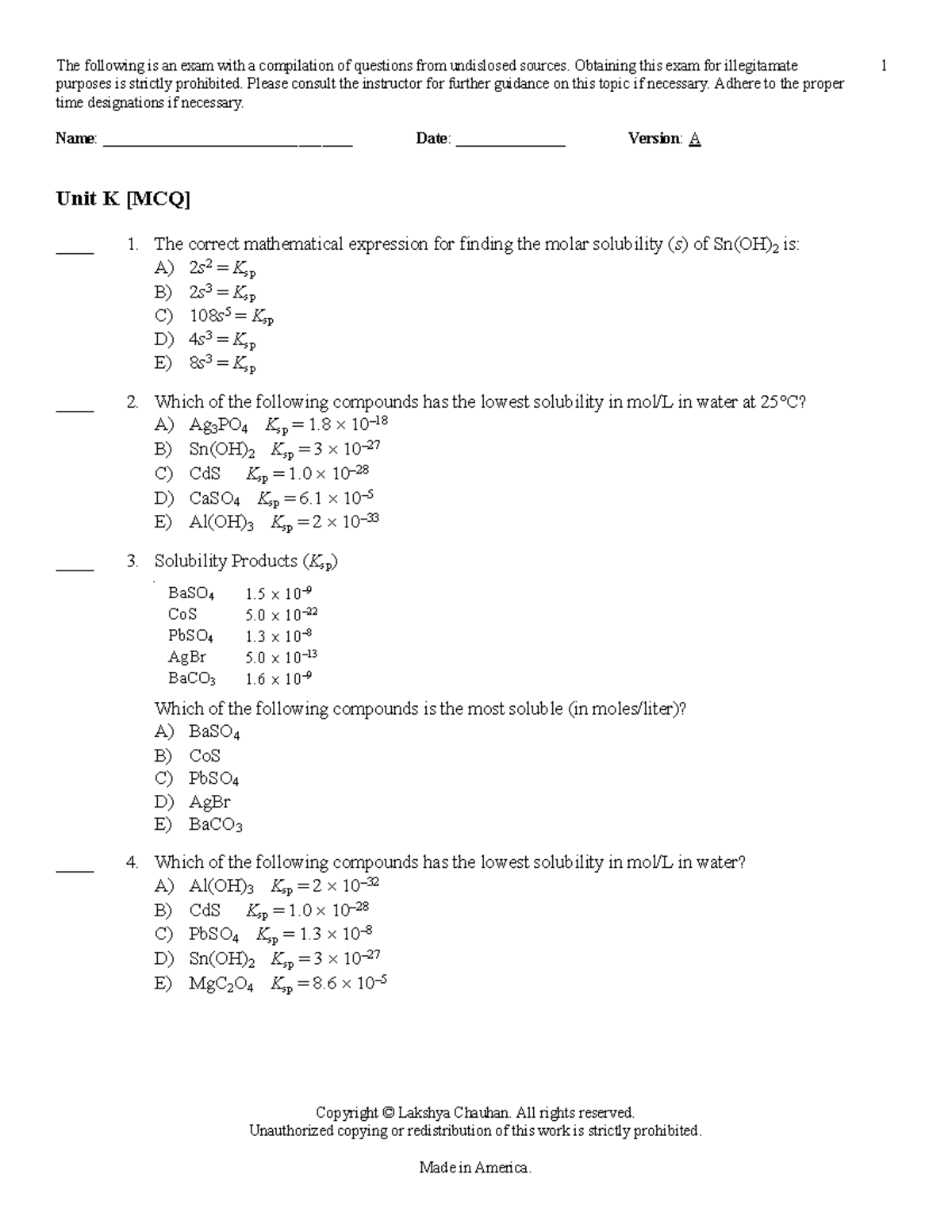 Unitkmcq - Chem practice. - The following is an exam with a compilation ...