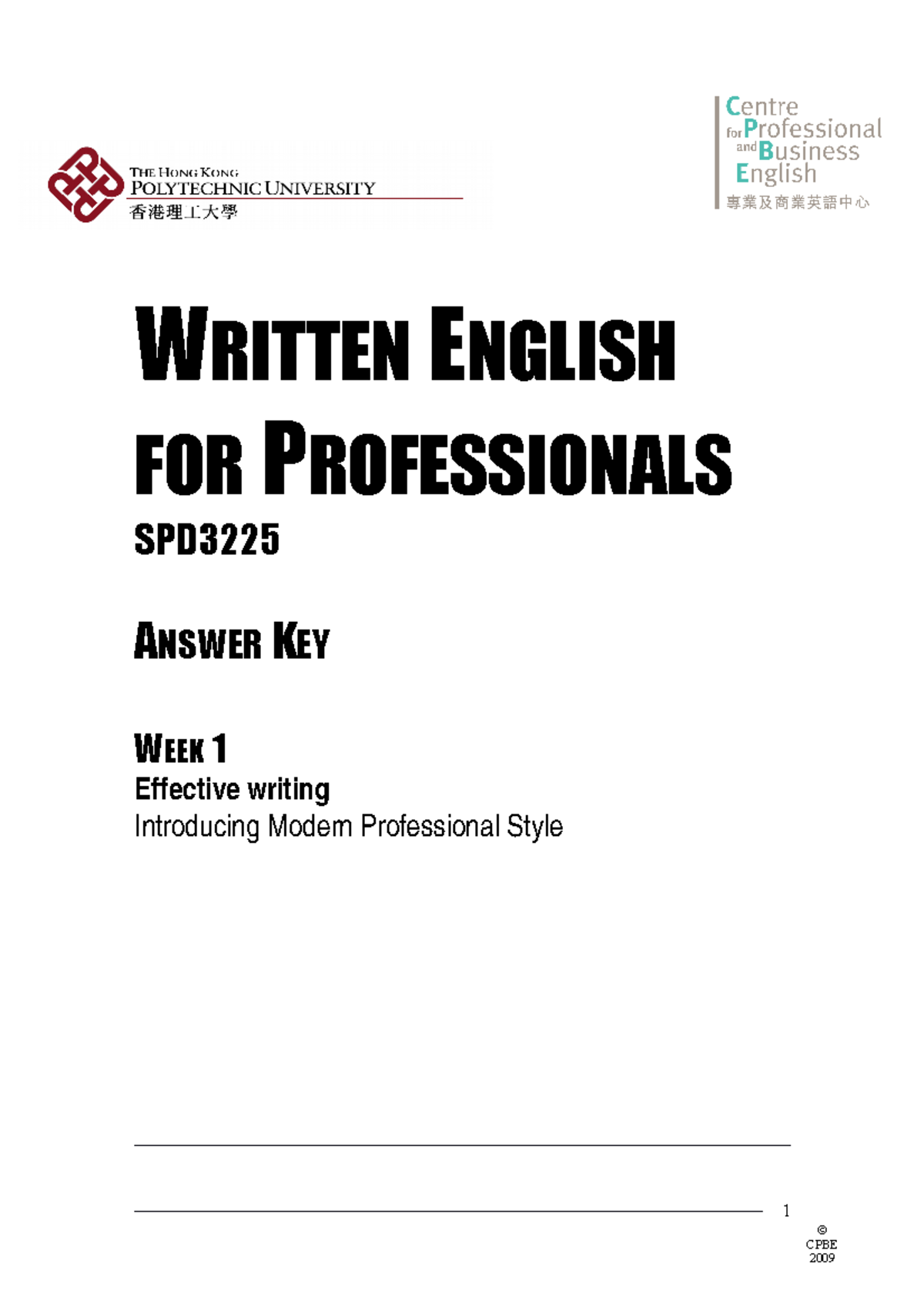 Week 1 - Answer KEY - lecture notes - WRITTEN ENGLISH FOR PROFESSIONALS ...